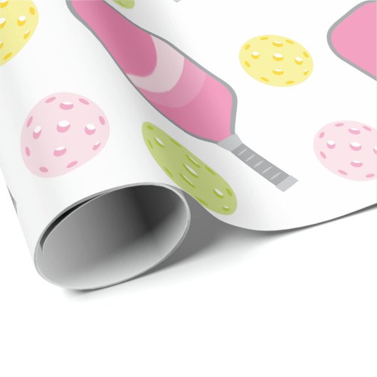 Pickleball Pink Green & Yellow Paddle & Balls Geschenkpapier (Rolleneckpunkt)