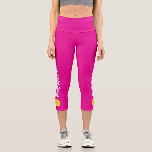 Pickleball Player Custom High Waised Bright Pink Capri Leggings (Vorderseite)