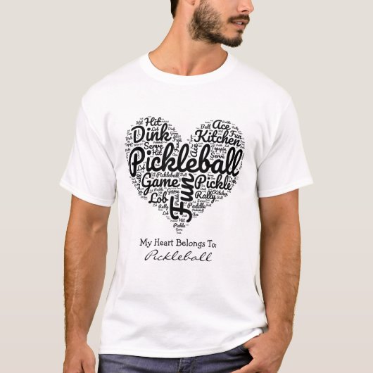 Pickleball Player Personalisierte Herz-Word-Cloud T-Shirt (Vorderseite)