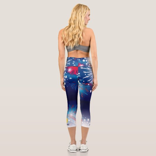 Pickleball Print Patriotic Fireworks Custom Text Capri Leggings (Rückseite)