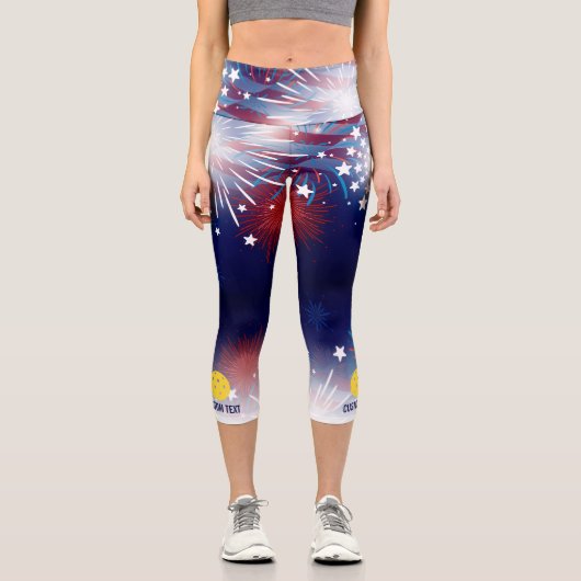 Pickleball Print Patriotic Fireworks Custom Text Capri Leggings (Vorderseite)