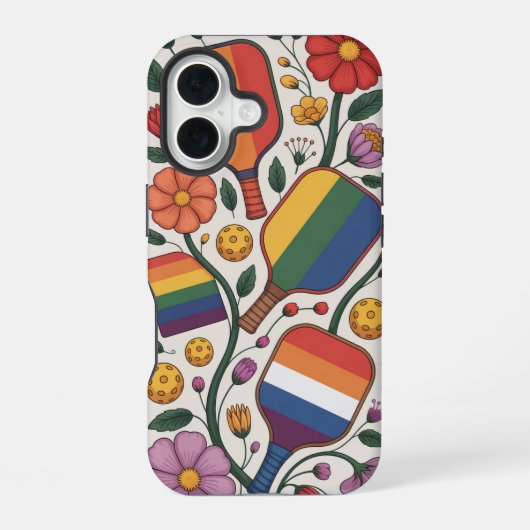 Pickleball-Regenbogenflagge-Paddles mit Blumen iPhone 16 Hülle (Rückseite)