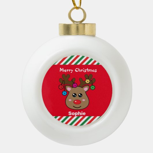 Pickleball Reindeer 🎄 Keramik Kugel-Ornament (Vorderseite)