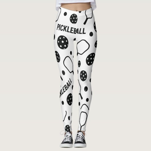 Pickleball Schwarz-Weiß-Muster Court Grafik Leggings (Vorderseite)