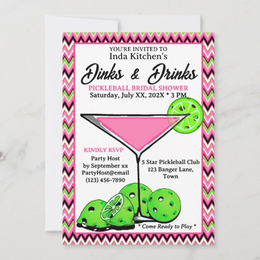 Pickleball-Shower-Dinks & Drinks Pink Chevron Einladung (Vorderseite)