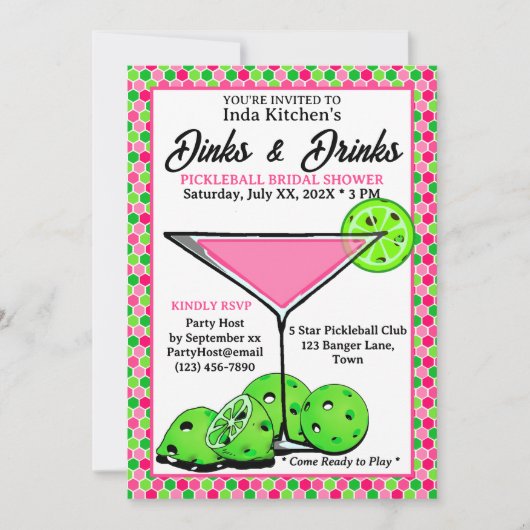 Pickleball-Shower-Dinks & Drinks Pink Honeycomb Einladung (Vorderseite)