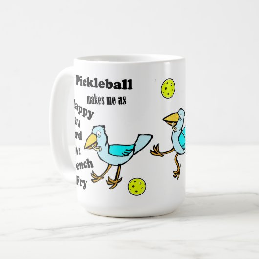 Pickleball - so glücklich wie ein Vogel mit franzö Kaffeetasse (Vorderseite Links)