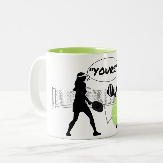Pickleball-Spaß: "Deins!" Zweifarbige Tasse (Vorderseite Links)