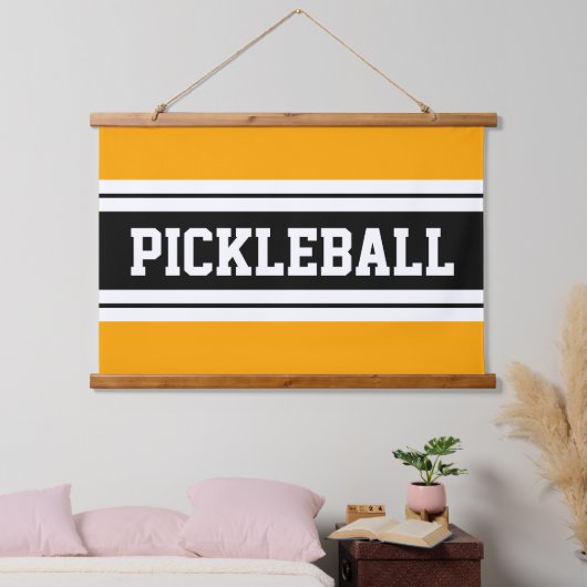 PICKLEBALL Spaß Hellgelbe Schwarz-weiße Streifen Wandteppich Mit Holzrahmen (Schlafzimmer)