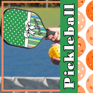 Pickleball Summer Stripes Green Dots White Bow Schläger