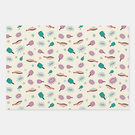 Pickleball Themed mit Paddles, Wiffle Balls, etc. Geschenkpapier Set (Vorderseite)