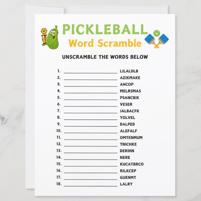 Pickleball Word Scramble Game (Vorderseite)