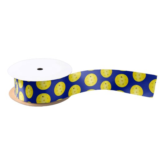 Pickleball Yellow Balls Muster auf blau Satinband (Spule)