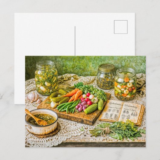 Pickled Cucumbers and Fresh Vegetables in Rustic V Postkarte (Vorne/Hinten)