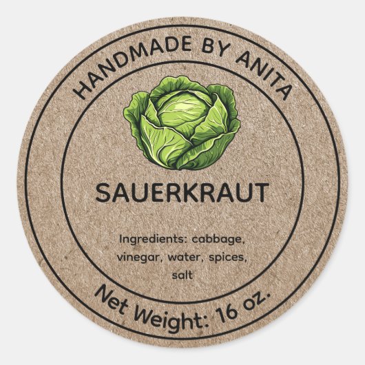 Pickled Sauerkraut Jar Label Kraft Themed Runder Aufkleber (Vorderseite)