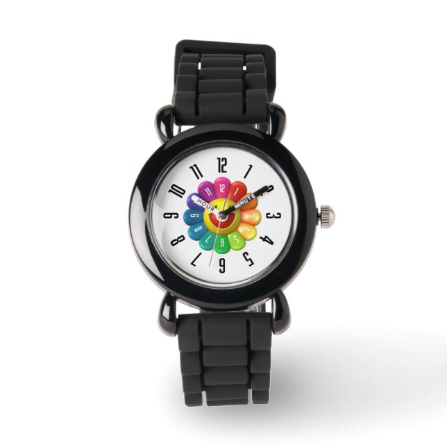 PickleKids™ Rainbow Blume Kids Black Watch Armbanduhr (Vorderseite)