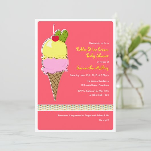 Pickles und IceCream Baby Dusche, es ist ein Mädch Einladung (Stehend Vorderseite)