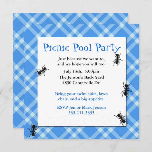 Picknick-Ameisen-blaue karierte Party Einladung (Vorne/Hinten)