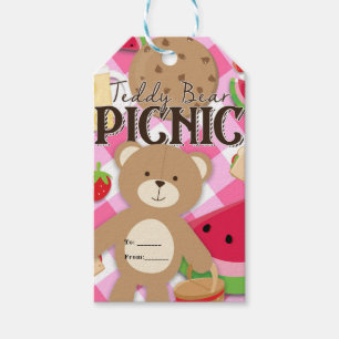 Picknick-Geburtstagsfeier im Sommer mit rosa Teddy Geschenkanhänger