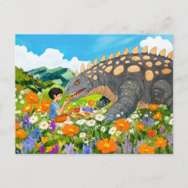 Picknick mit Dinosaurier auf der Wiese Feiertagspostkarte