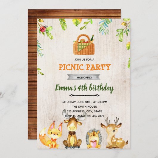 Picknick-Party mit Waldlandspass Einladung (Vorne/Hinten)