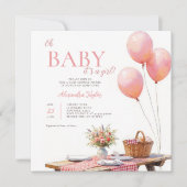 Picknick Wildblume Rosa Luftballons Mädchen Baby-P Einladung (Vorderseite)