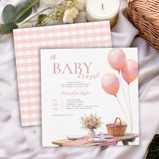 Picknick Wildblume Rosa Luftballons Mädchen Baby-P Einladung