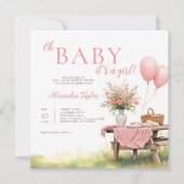 Picknick Wildblumen Luftballons Rosa Mädchen Baby- Einladung (Vorderseite)