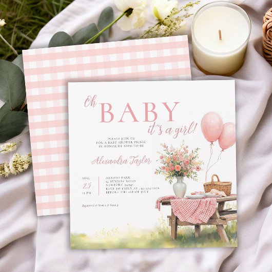 Picknick Wildblumen Luftballons Rosa Mädchen Baby- Einladung