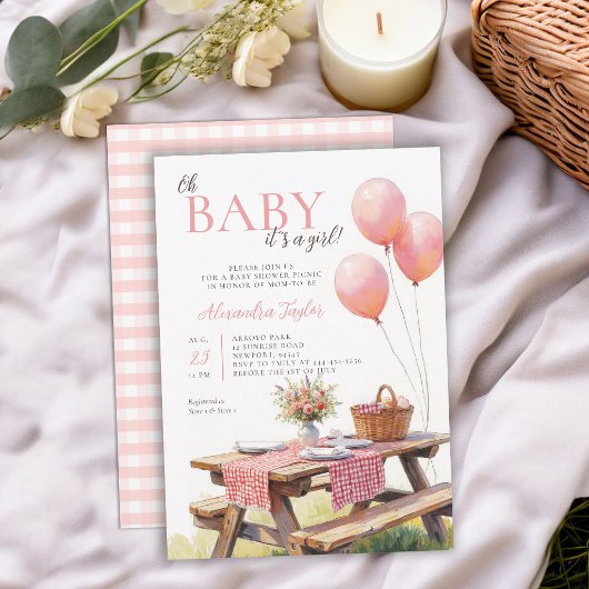 Picknick Wildblumen Rosa Luftballons Mädchen Baby- Einladung