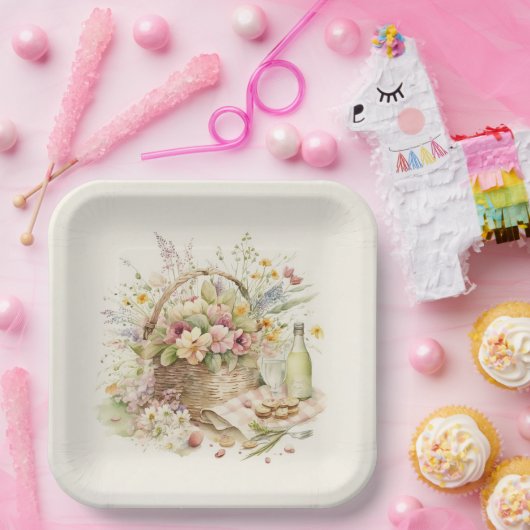 Picknickkorb mit Weinflasche Pappteller (Party)