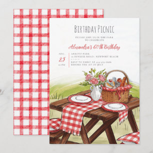 Picknicktisch Aquarell Sommer Rot 60. Geburtstag Einladung