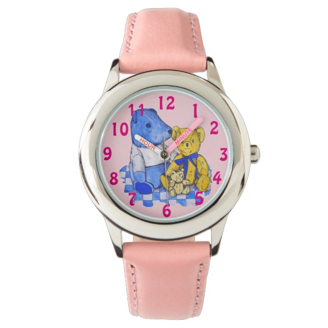 Picknicktuch aus blauem Karo mit drei Teddies Armbanduhr (Vorderseite)