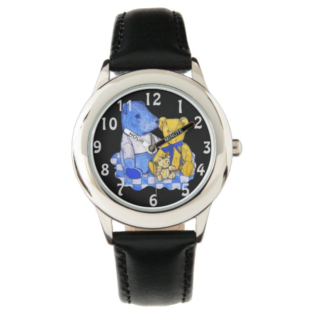 Picknicktuch aus blauem Karo mit drei Teddies Armbanduhr (Vorderseite)