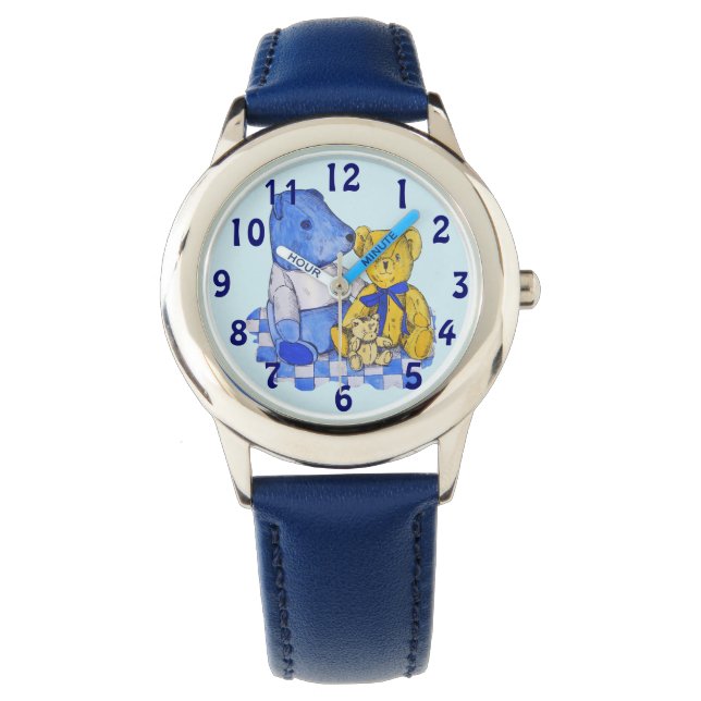 Picknicktuch aus blauem Karo mit drei Teddybären Armbanduhr (Vorderseite)