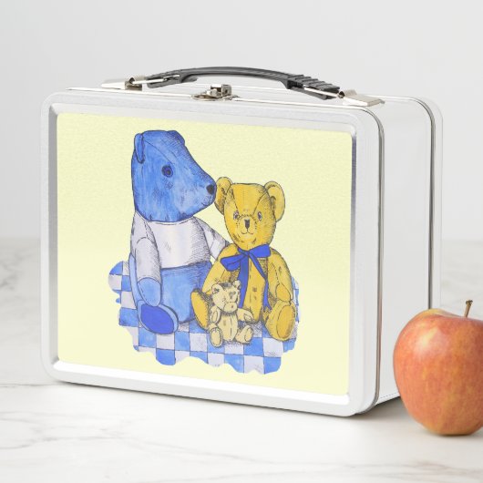 Picknicktuch aus blauem Karo mit drei Teddybären Metall Brotdose (Beispiel)