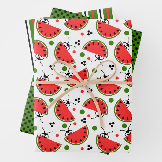 Picnic Ant Peeking Watermelon Polka Dot Streifen Geschenkpapier Set (Beispiel)