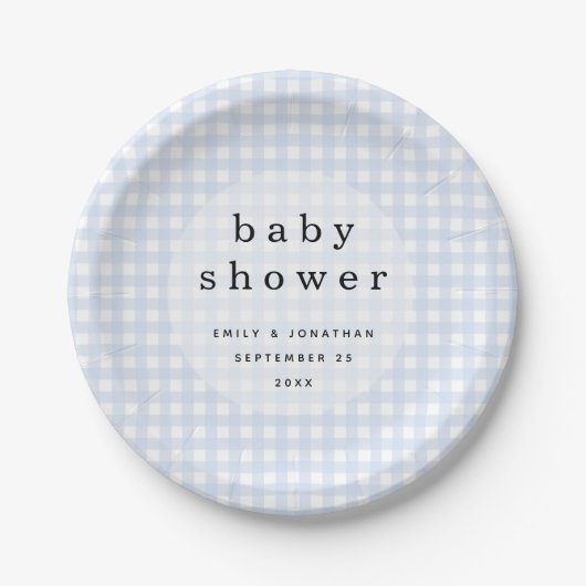 Picnic Baby Shower Names Date Blue Gingham Pappteller (Vorderseite)