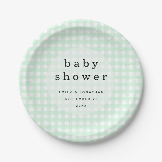 Picnic Baby Shower Names Date Green Gingham Pappteller (Vorderseite)