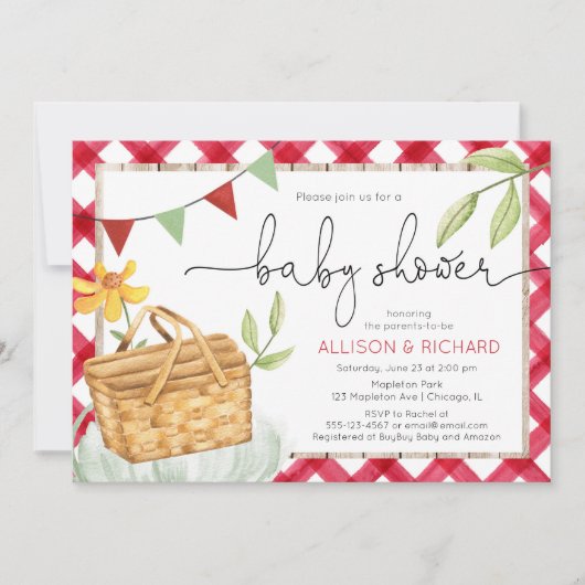 Picnic Babydusche, Picknick im Park Red Gingham Einladung (Vorderseite)