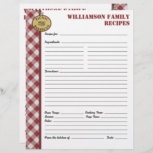 Picnic Barbecue Red Checkered Custom Rezept Page (Vorne/Hinten)