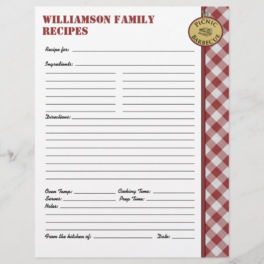 Picnic Barbecue Red Checkered Custom Rezept Page (Rückseite)