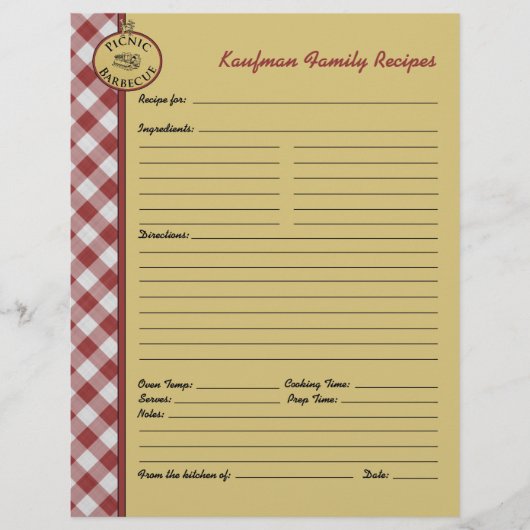 Picnic Barbecue Red Checkered Custom Rezept Page (Vorderseite)