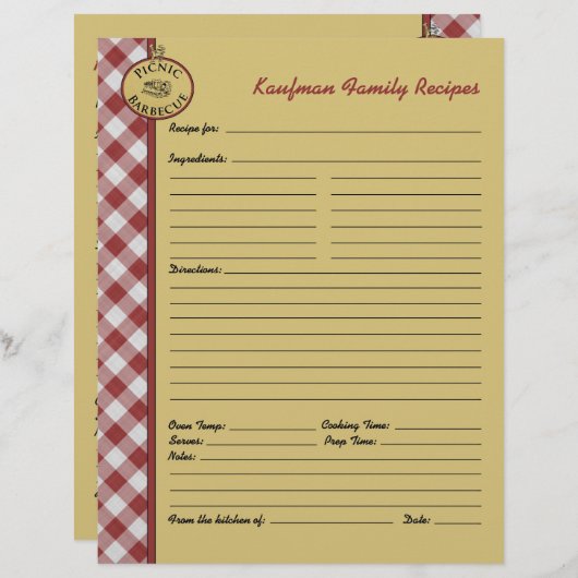 Picnic Barbecue Red Checkered Custom Rezept Page (Vorne/Hinten)
