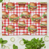 Picnic Burger Delight Retro Gingham & Cheeseburger Geschirrtuch (Gefaltet)