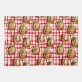 Picnic Burger Delight Retro Gingham & Cheeseburger Geschirrtuch (Horizontal)