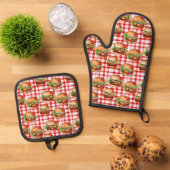Picnic Burger Delight Retro Gingham & Cheeseburger Ofenhandschuh & Topflappen-Set (Oben Unten)