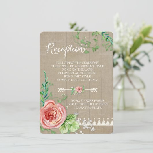 Picnic Empfang BOHO Babys Atem Rose Barn Wood Einladung (Stehend Vorderseite)