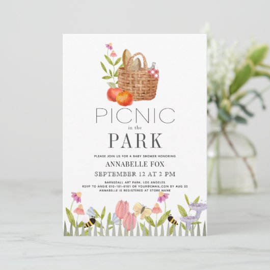 Picnic im Park Basket Floral Baby Shower Invit Einladung (Stehend Vorderseite)