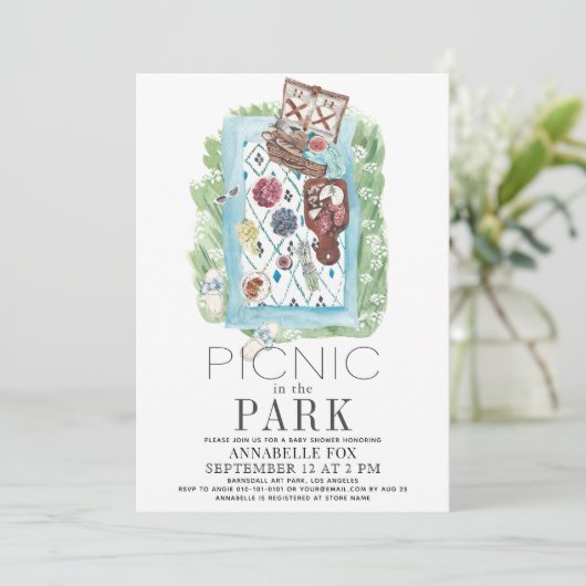 Picnic im Park Watercolor Baby Shower Einladung (Stehend Vorderseite)